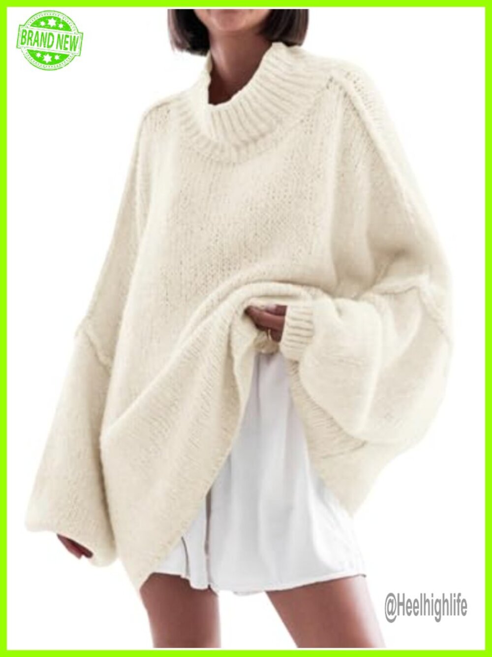 Oversized Mock Neck Tunic Sweater Batwing Long Sleeve Ribbed Knit Pullover